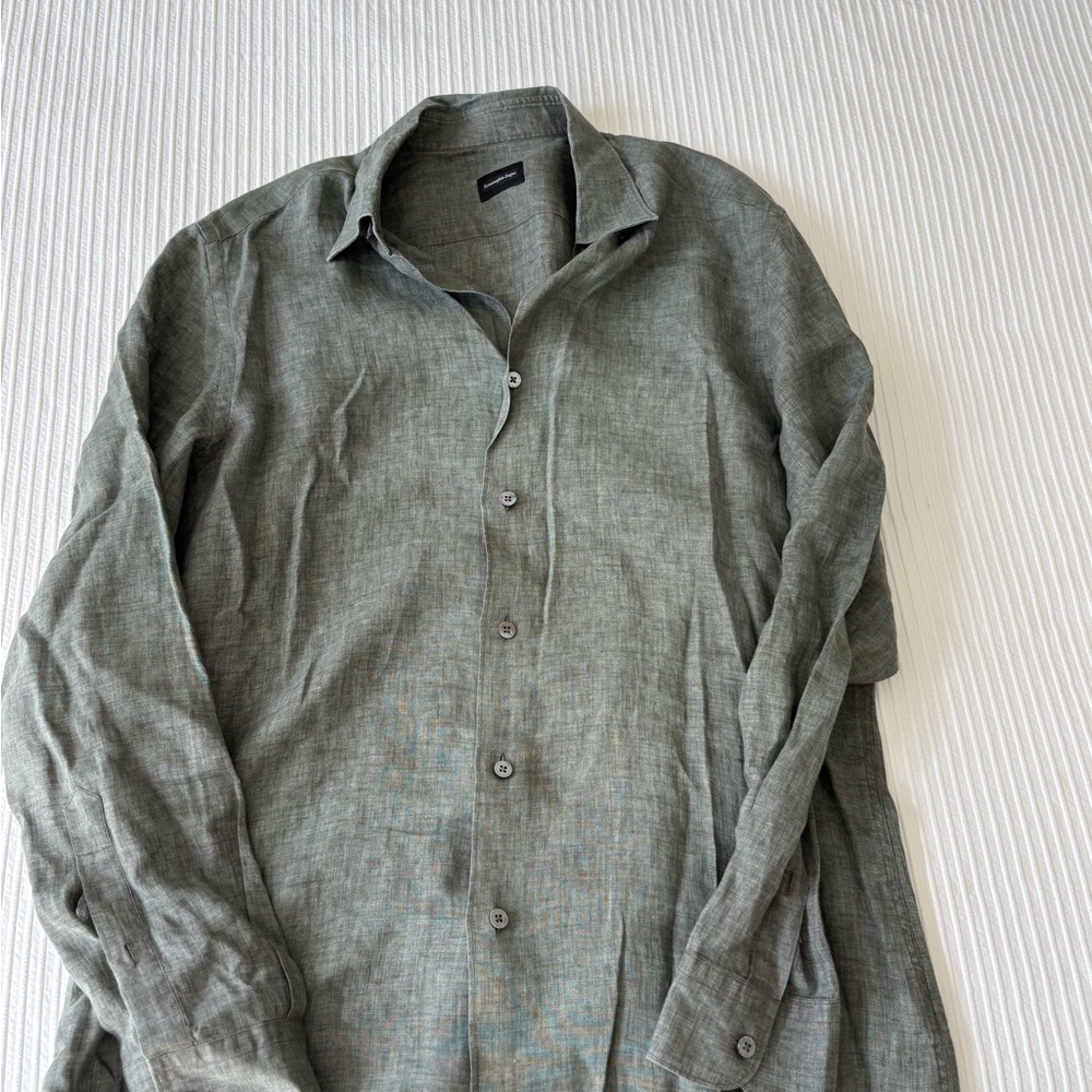 Ermenegildo Zegna Olive Green Linen Button-Down Shirt